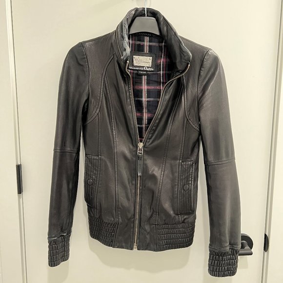 Mackage Leather Jacket Black XXS Aritzia Bomber Hidden Hood - Picture 1 of 6